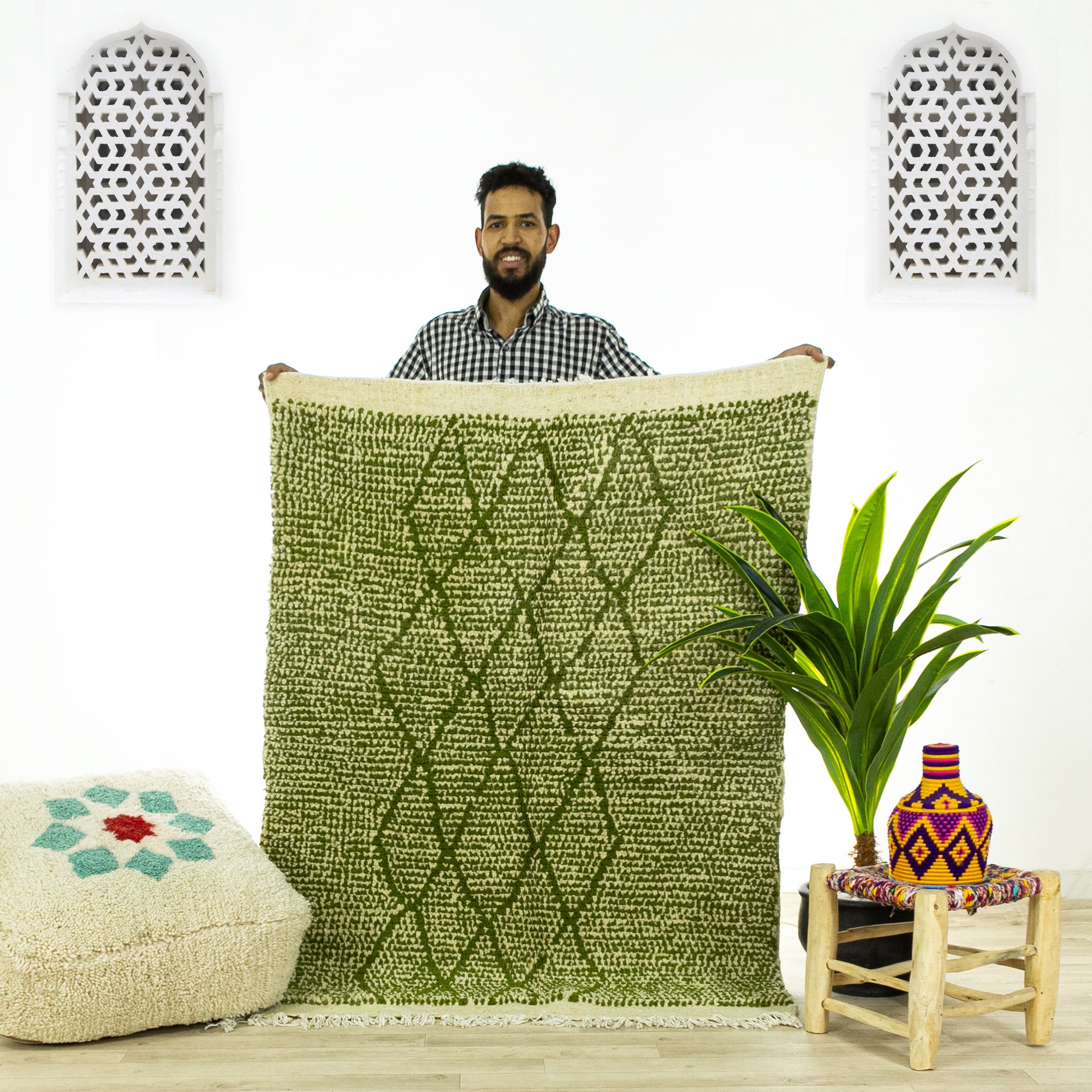 Petit Tapis Contemporain - Tapis Marocain de Zone Beni Ourain Fait à La Main Vert 3.8x5.1 Authentiqu