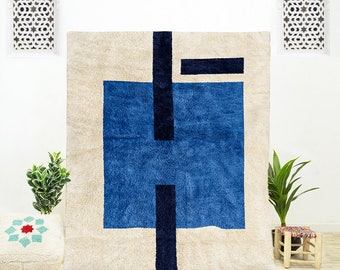 Handmade Blue Abstract Wool Rug: Moroccan Beni Ourain Carpet