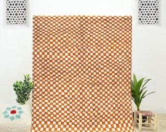 Custom Orange Area Moroccan Beni Ourain Checkered Rug for Living Room