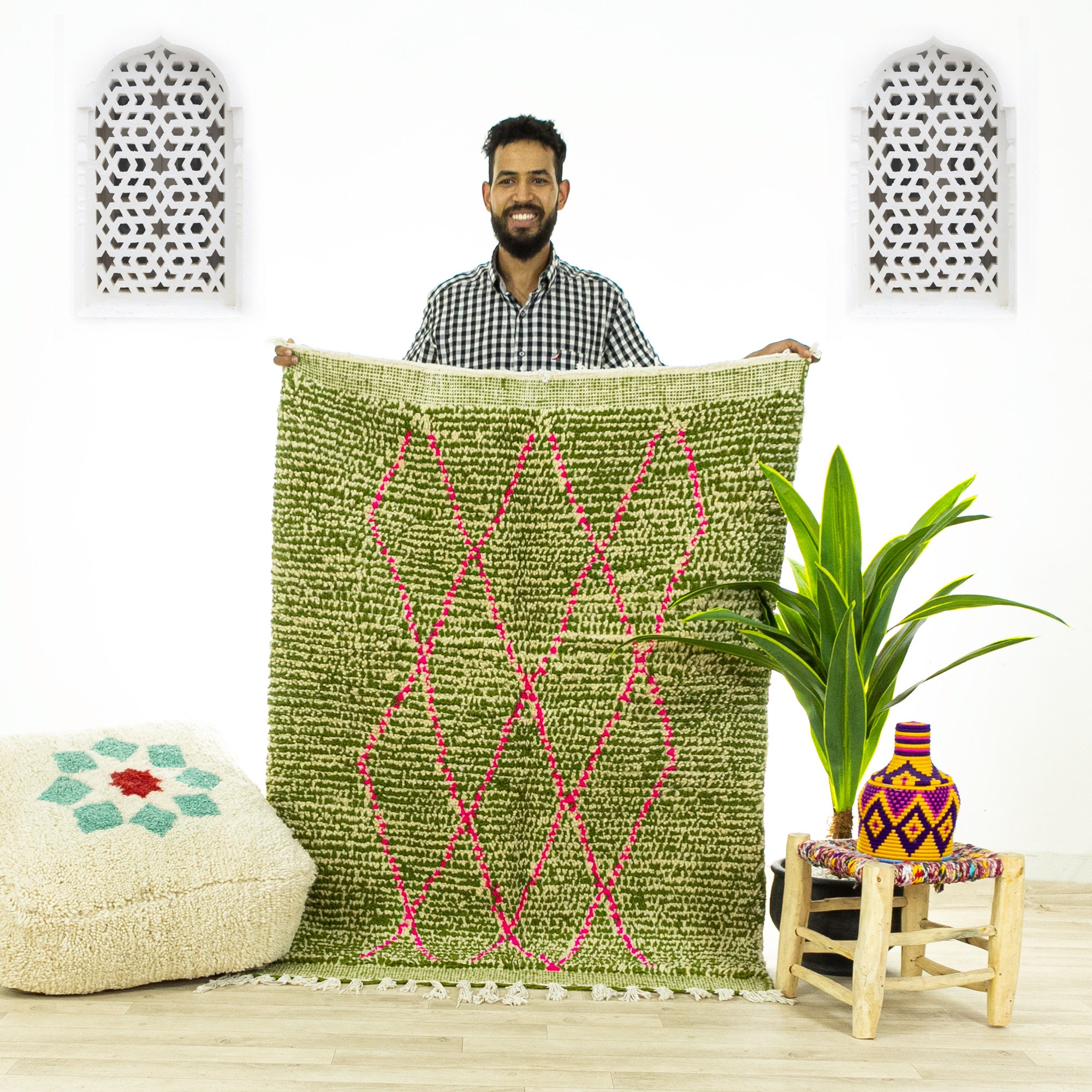 Petit Tapis Contemporain - Tapis Marocain de Zone Beni Ourain Fait à La Main Vert 3.6x4.9 Authentiqu