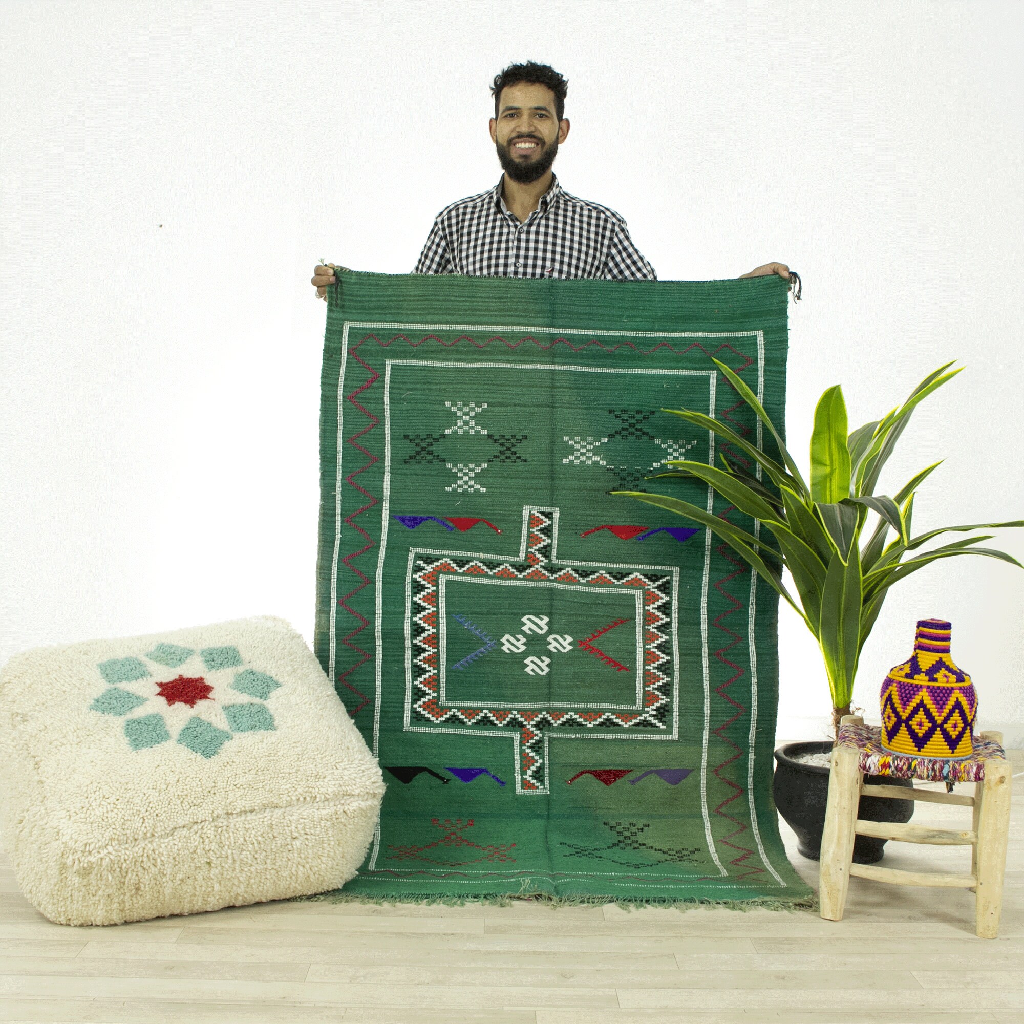 Petit Tapis Contemporain - Tapis Marocain de Zone Oued Zem Fait à La Main Vert 3.3x5.2 en Laine