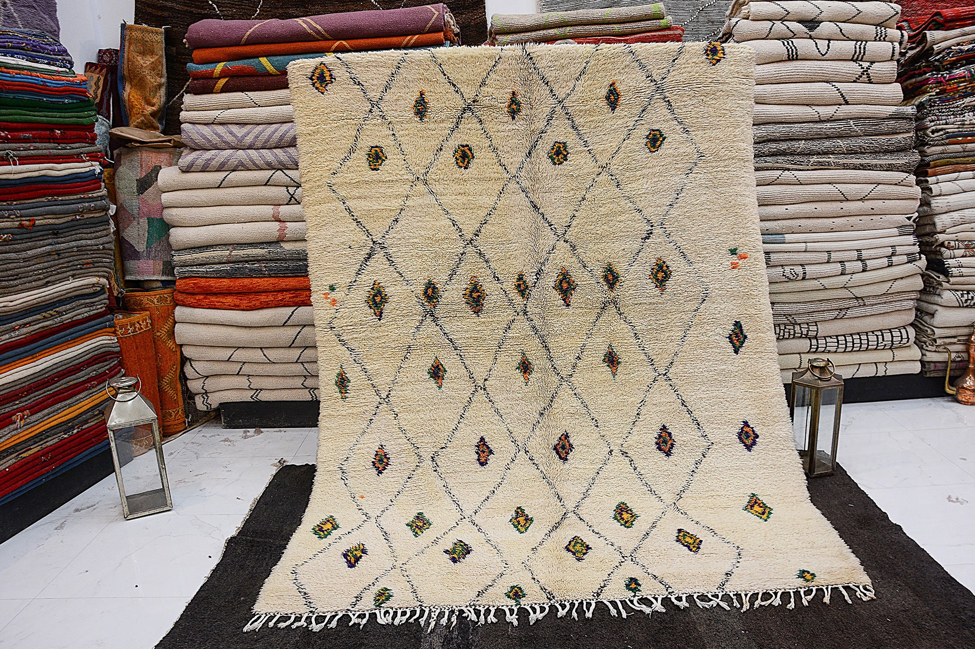 Grand Tapis Vintage - Tapis Marocain de Zone Beni Ourain Fait à La Main Ivoire 6.5x9.5 Authentique