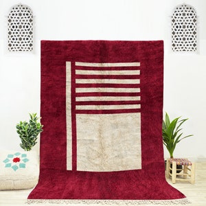 Red Moroccan Rug, Handmade Beni Ourain Rug, Abstract Rug Red, Geometric Moroccan Rug 8x10, Bedroom Rug Red, Natural Wool Rug