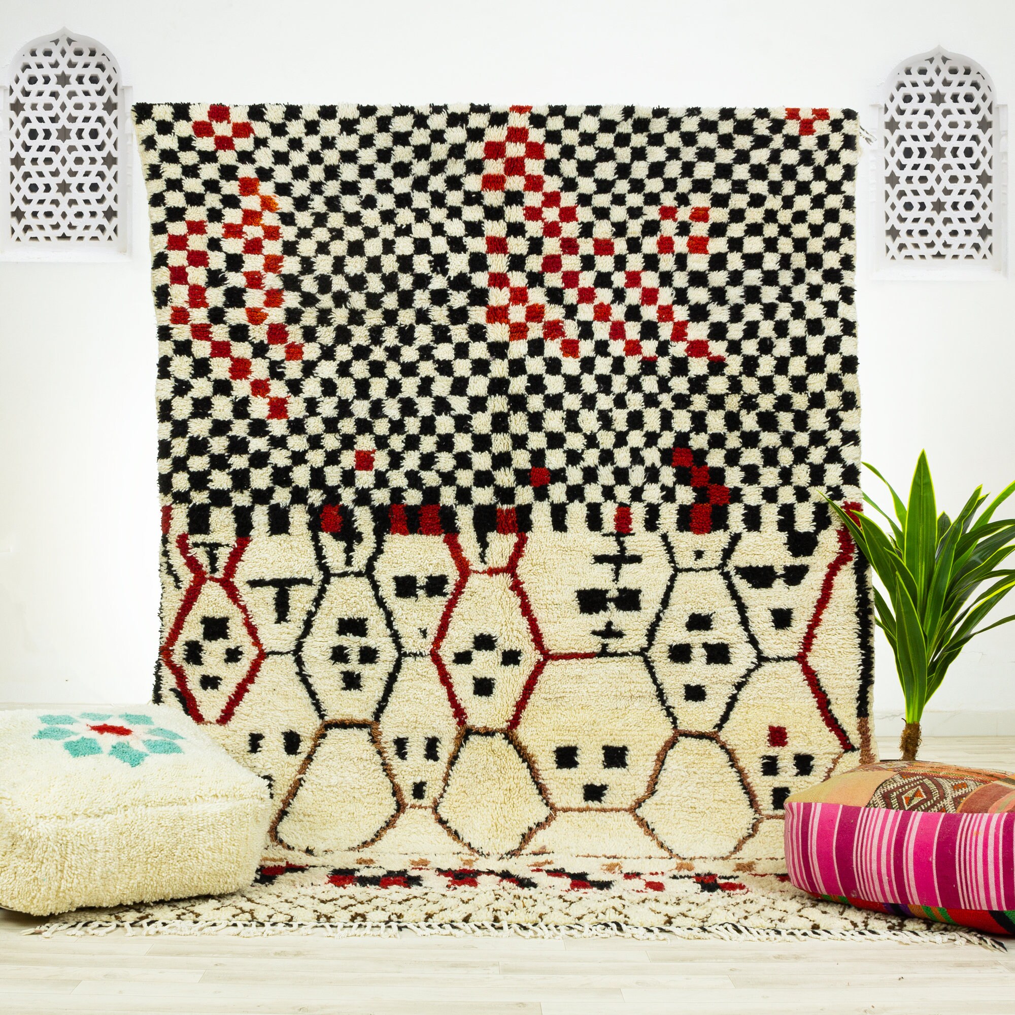 Grand Tapis Contemporain - Tapis Marocain de Zone Fait à La Main Noir 6.6x9.4 Authentique en Laine