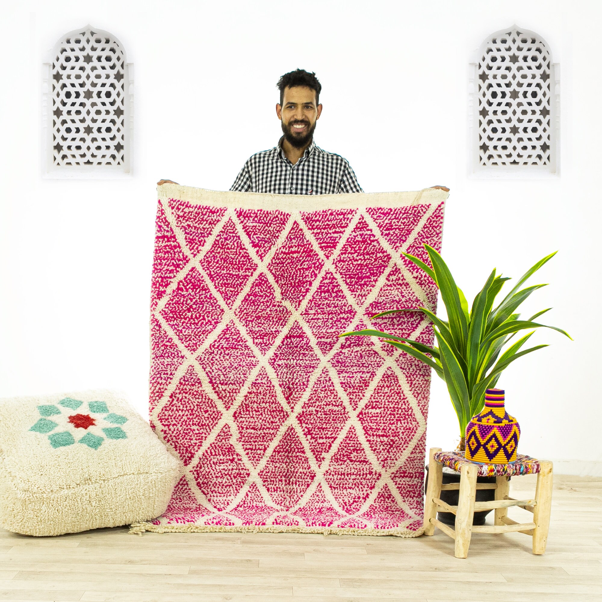 Petit Tapis Contemporain - Tapis Marocain de Zone Beni Ourain Fait à La Main Rose 3.8x5.1 Authentiqu