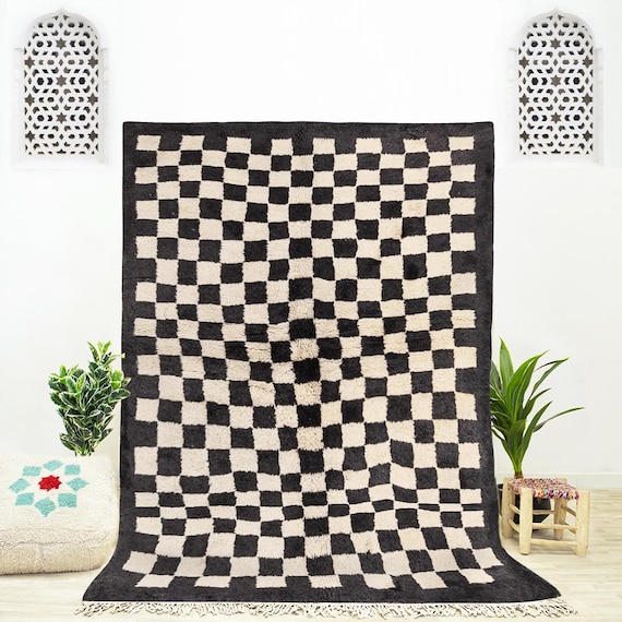手織りモロッコラグ、白黒チェック柄カーペット、カスタムサイズ