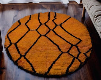 Orange Wool Round Rug, Handmade Moroccan Berber Carpet, Plush Boho Decor
