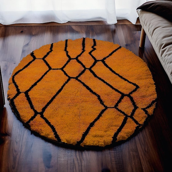 Orange Wolle Rund Teppich, Handgemachter Marokkanischer Berber Teppich, Plüsch Boho Dekor