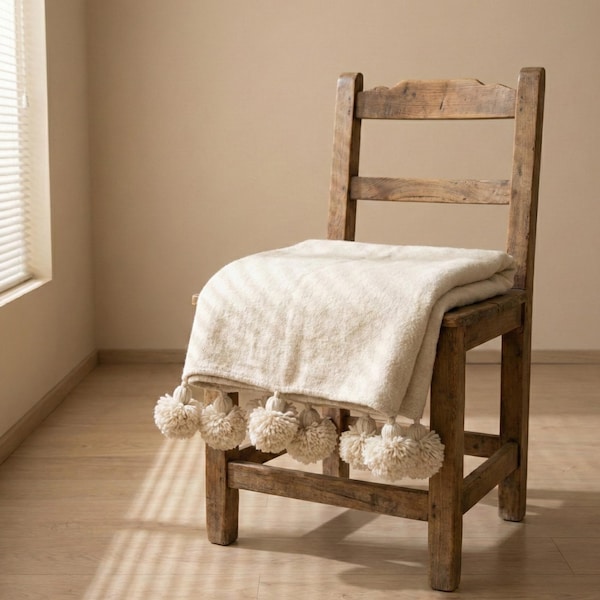Cream Pom Pom Blanket, Boho Couch Throw, Ivory Moroccan Woven Bed Cover with Tassels