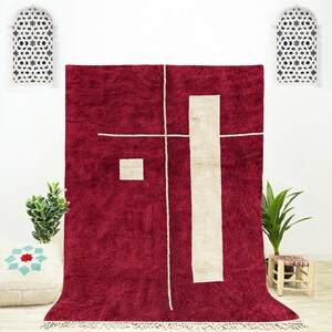 Handwoven Red Wool Rug: Abstract Moroccan Shag Design image 1