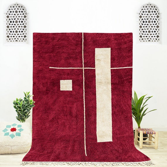 Handwoven Red Wool Rug: Abstract Moroccan Shag Design