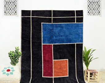 Black Beni Rug, Black Abstract Rug for Living Room, Moroccan Rugs for Bedroom 8x10, Black Rug, Handmade Wool Rug, 10x14 Moroccan Rug