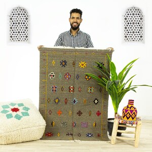 Kilim Area Rug is a Flatwoven Brown Moroccan Berber Rug Using Organic Wool with a Boho Geometric Rug Pattern