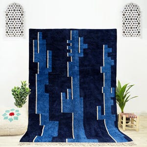 Blue Abstract Rug for Living Room in a Moroccan Shag Rug Texture Handwoven Using Blue Beni Ourain Rug Natural Wool is a Modern Rug