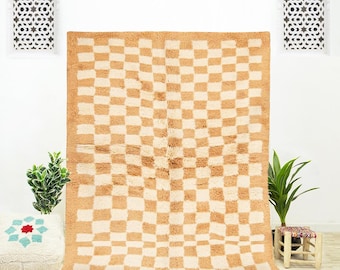 Handgemaakt beige wollen vloerkleed, Marokkaans boho-tapijt