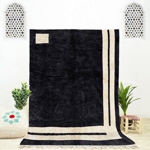 Handmade Black Berber Rug: Abstract Beni Ourain Wool Shag Rug