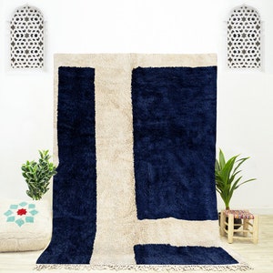 Blue Moroccan Rug, Handmade Beni Ourain Rug, Abstract Rug Blue, Geometric Moroccan Rug 8x10, Bedroom Rug Blue, Natural Wool Rug