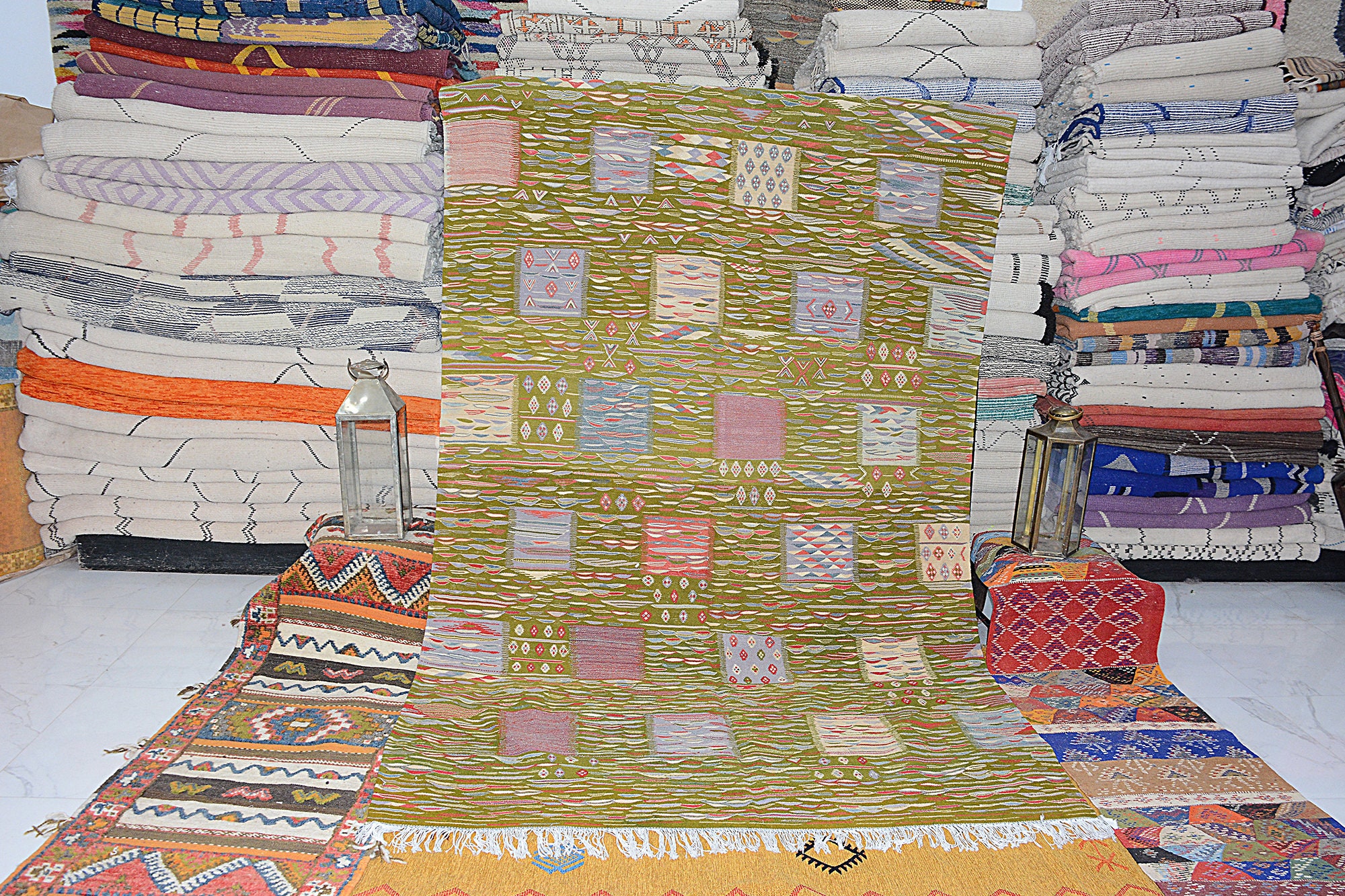 Kilim Oversize - Tapis Marocain Tapis de Zone Fait à La Main Vert 6.2x10.2 Authentique Pour Salon