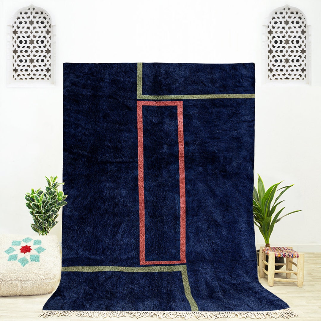 Blue Abstract Beni Ourain Rug: Mid-century Modern Moroccan Wool