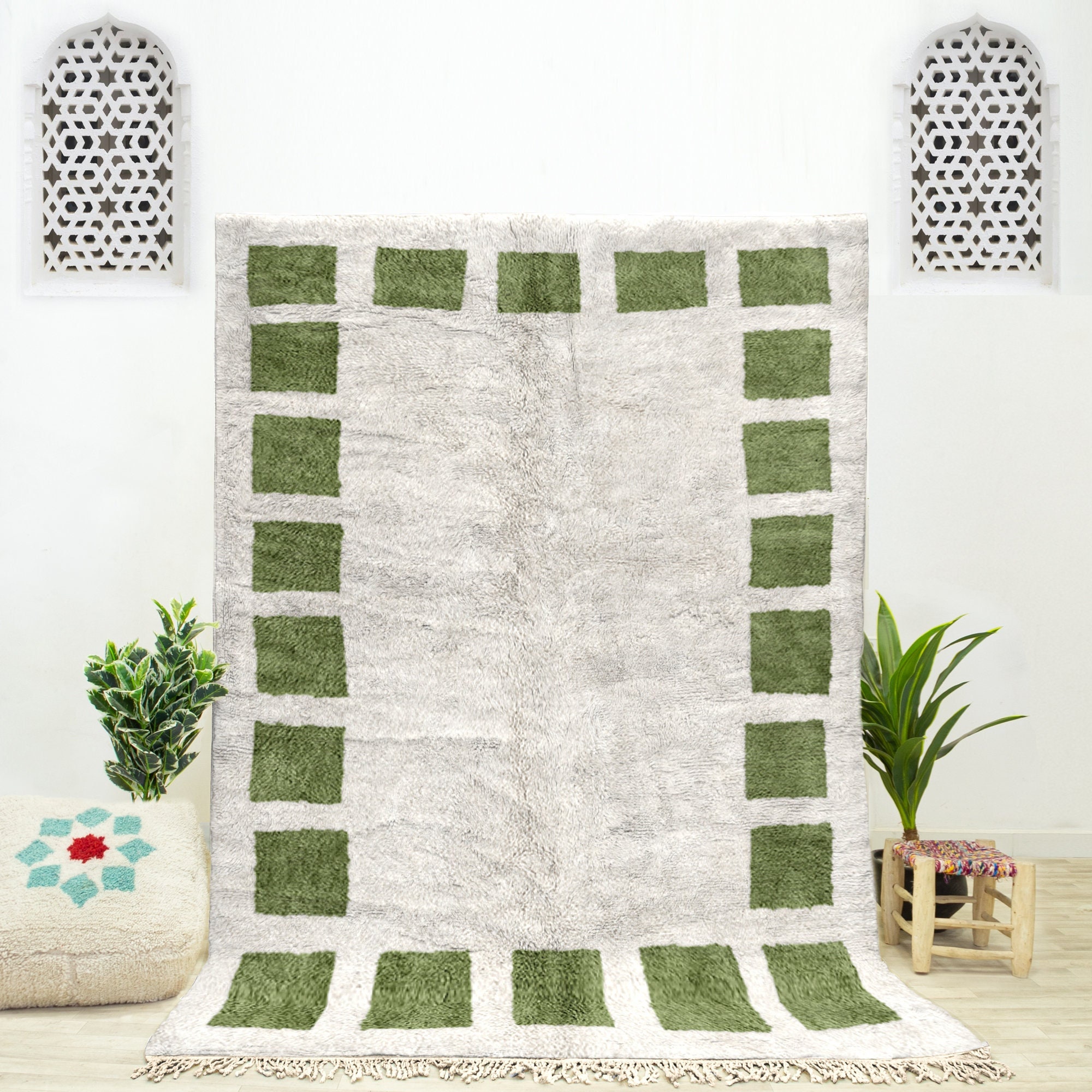 Handwoven Green Checkered Beni Ourain Rug: Custom Moroccan Wool Rug