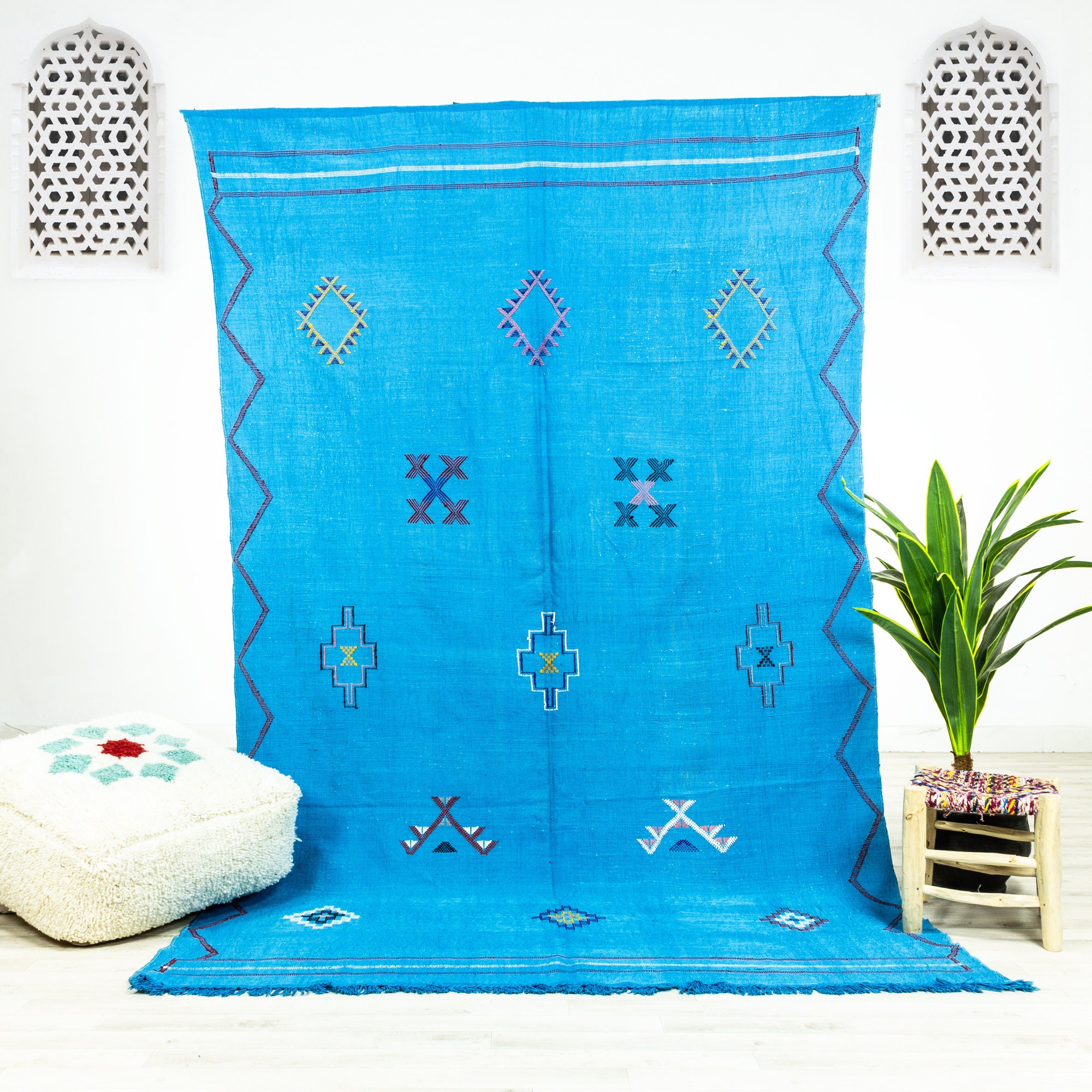 Grand Tapis Vintage - Tapis Marocain de Zone Oued Zem Fait à La Main Bleu 5.7x9.2 Authentique