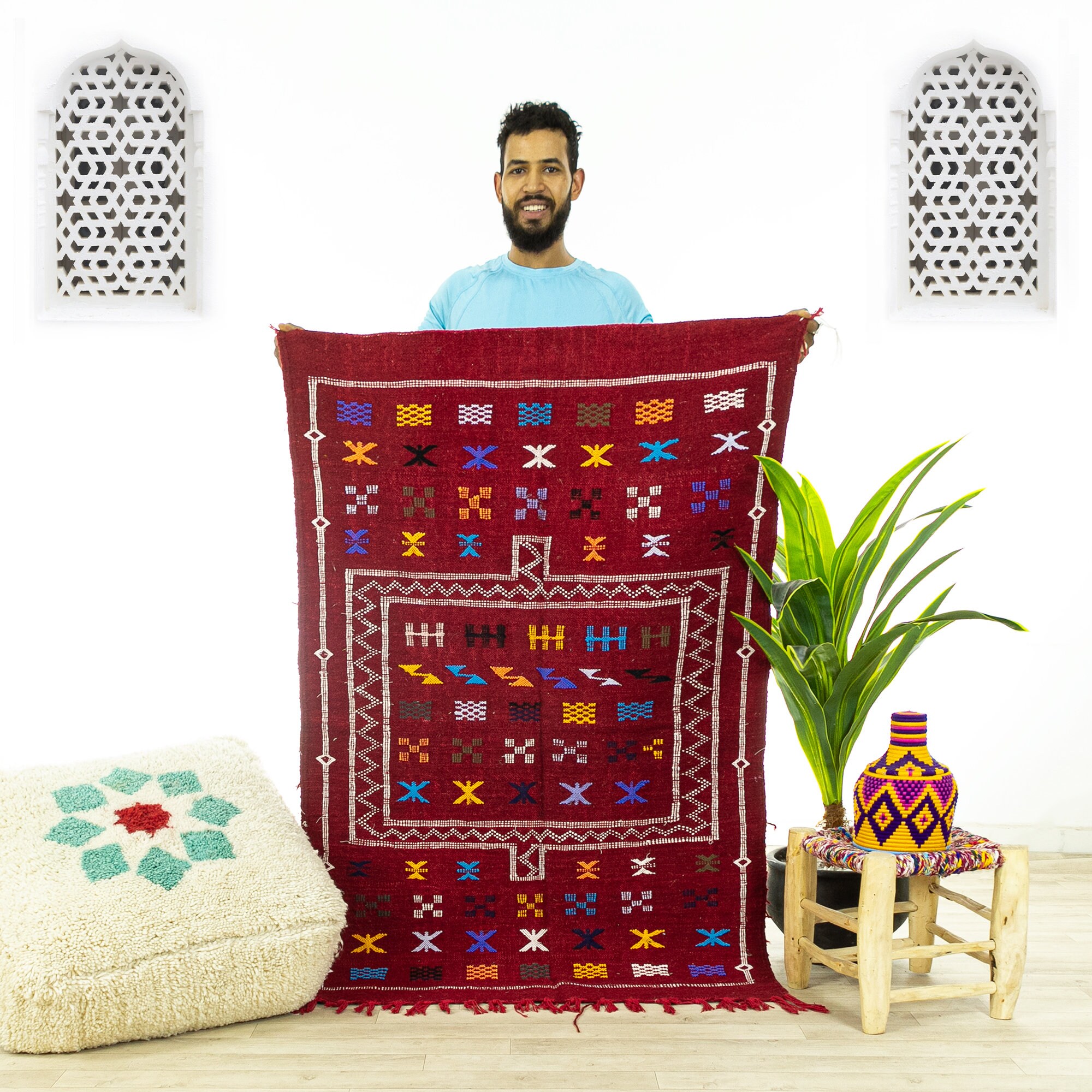 Petit Tapis Contemporain - Tapis Marocain de Zone Oued Zem Fait à La Main Rouge 2.9x4.7 Kilim