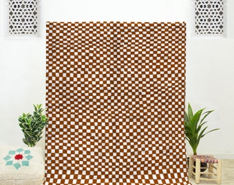 A custom Brown Bohemian Moroccan Beni Ourain checkered rug