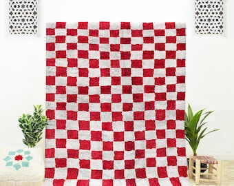 Handmade Moroccan checkered rug, Berber Custom area rug, Beni Ourain Checkerboard Rug, Red rug