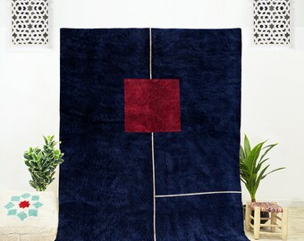 Blue Abstract Wool Moroccan Rug: Handmade Beni Rug