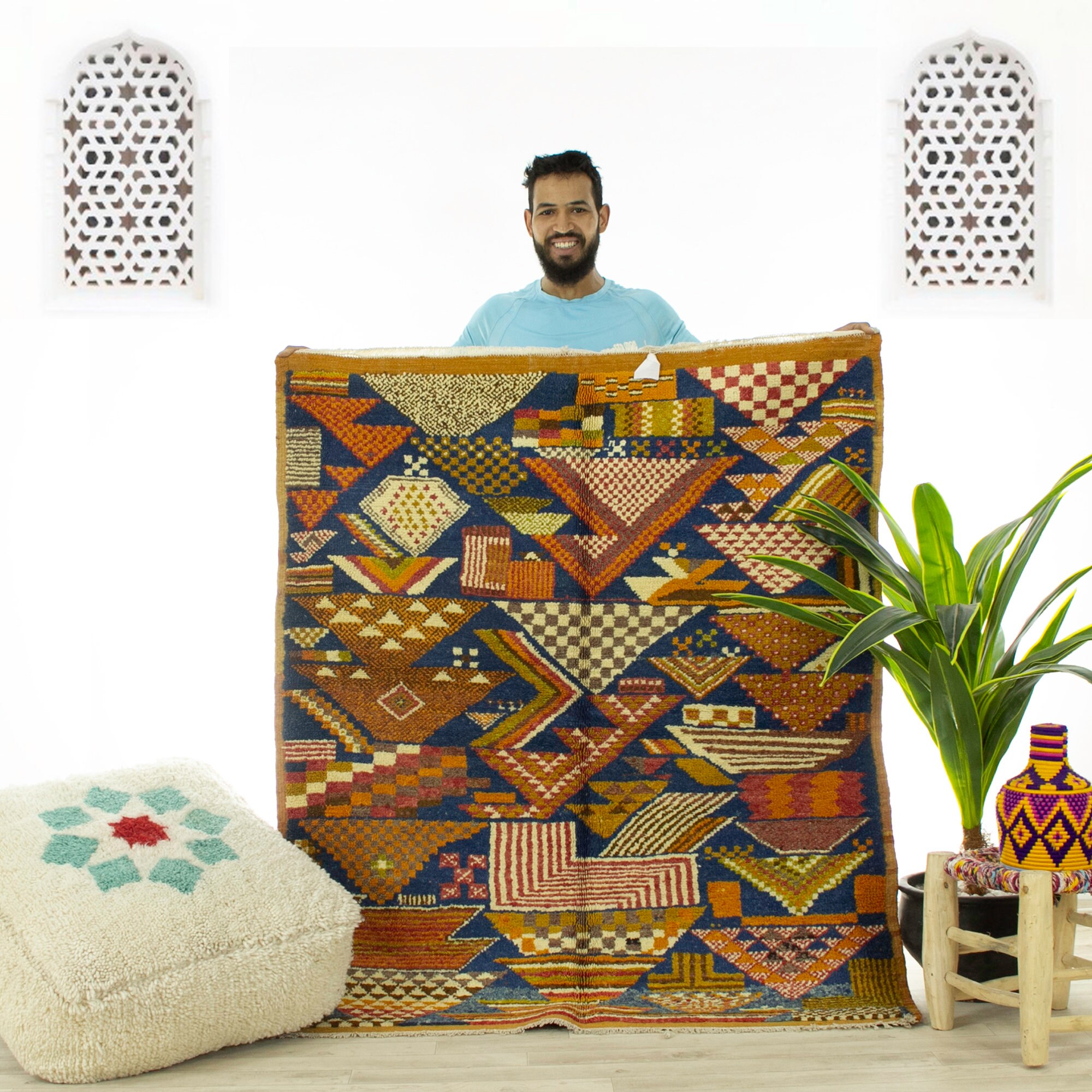 Petit Tapis Vintage - Tapis Marocain de Zone Fait à La Main Coloré 4.1x4.9 Authentique Kilim Marocai