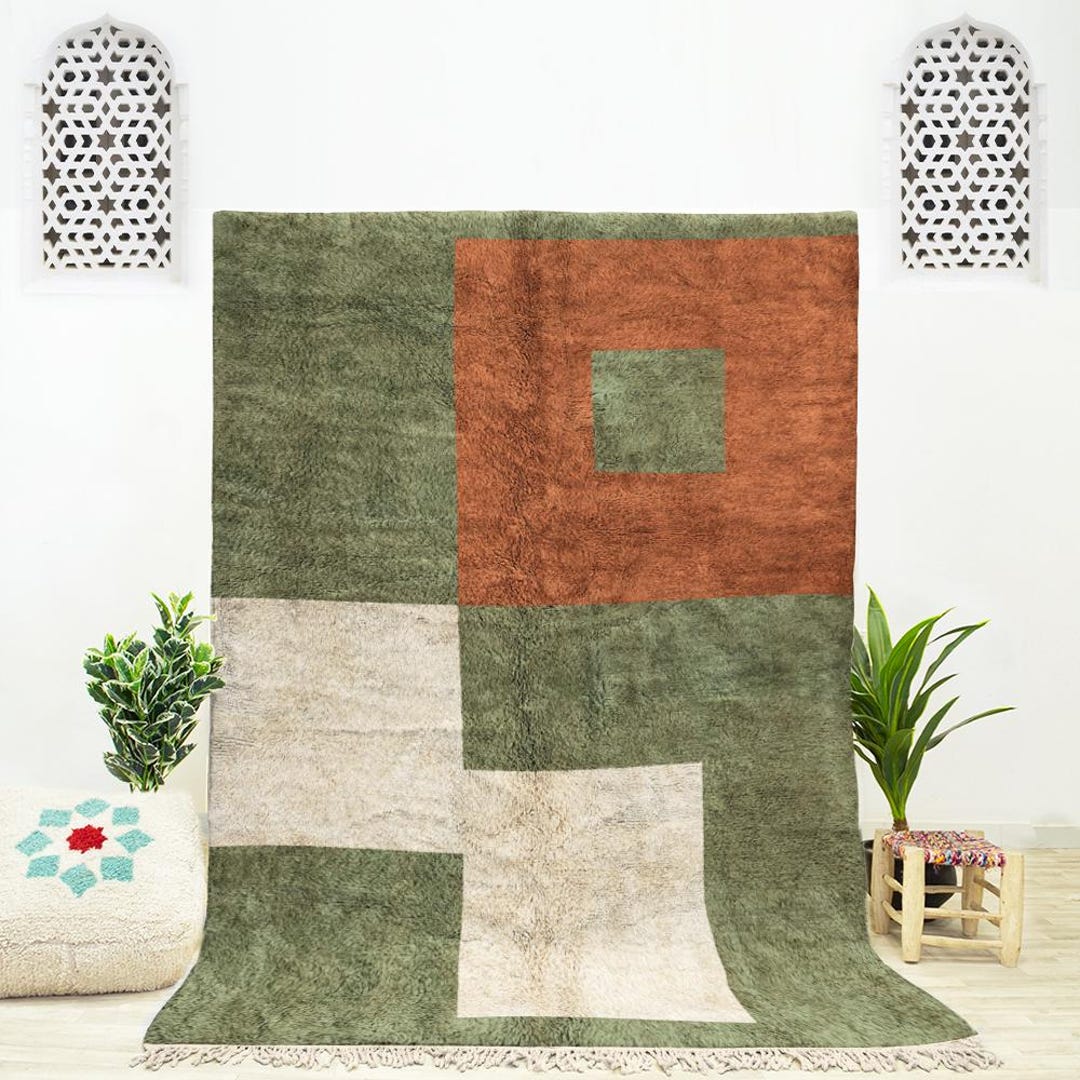 Green Abstract Rug Handmade Using Beni Ourain Rug Wool With a Green ...