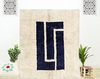 Handmade Blue Moroccan Shag Rug: Abstract Wool Design