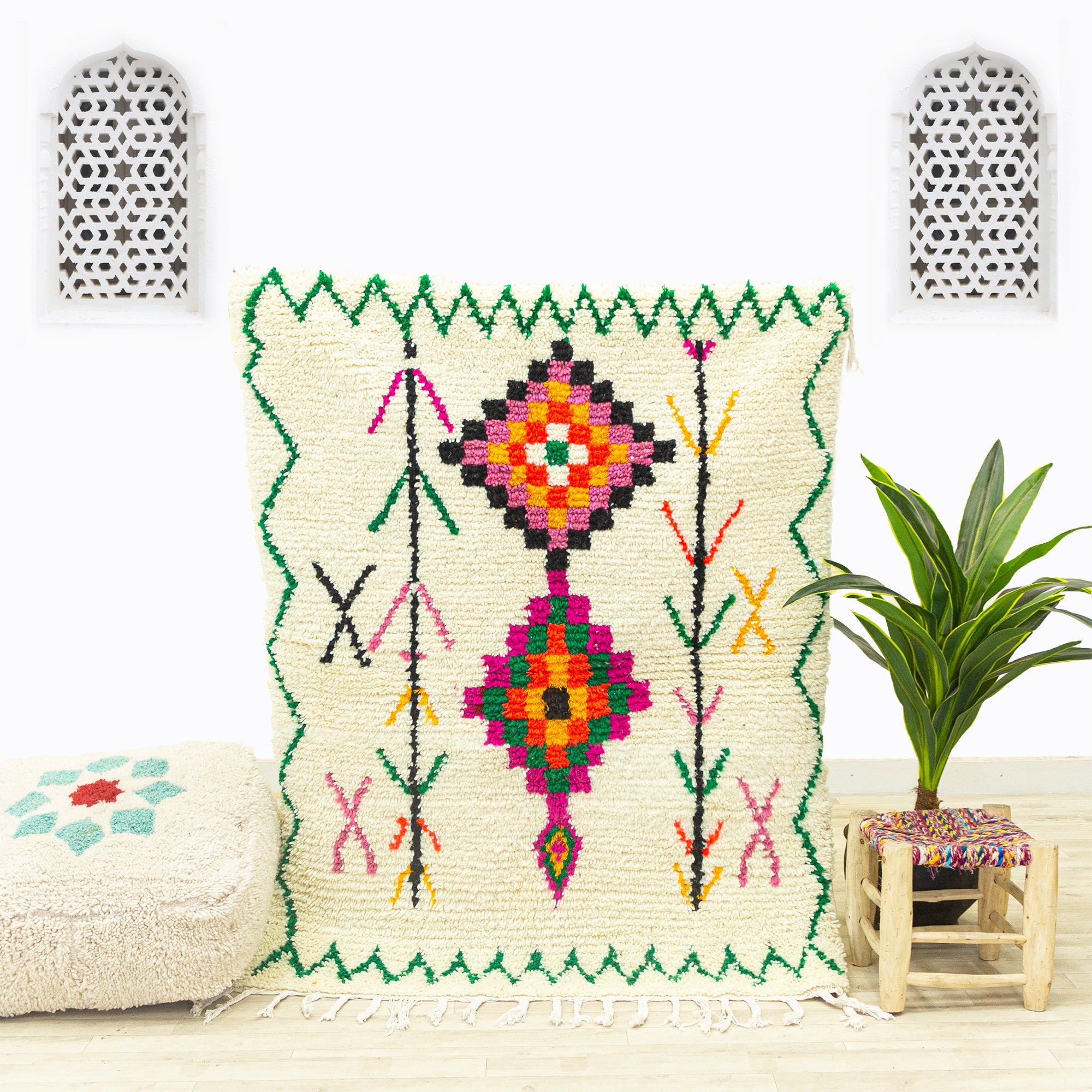 Petit Tapis Contemporain - Tapis Marocain de Zone Fait à La Main Blanc 3.9x5.2 Authentique en Laine