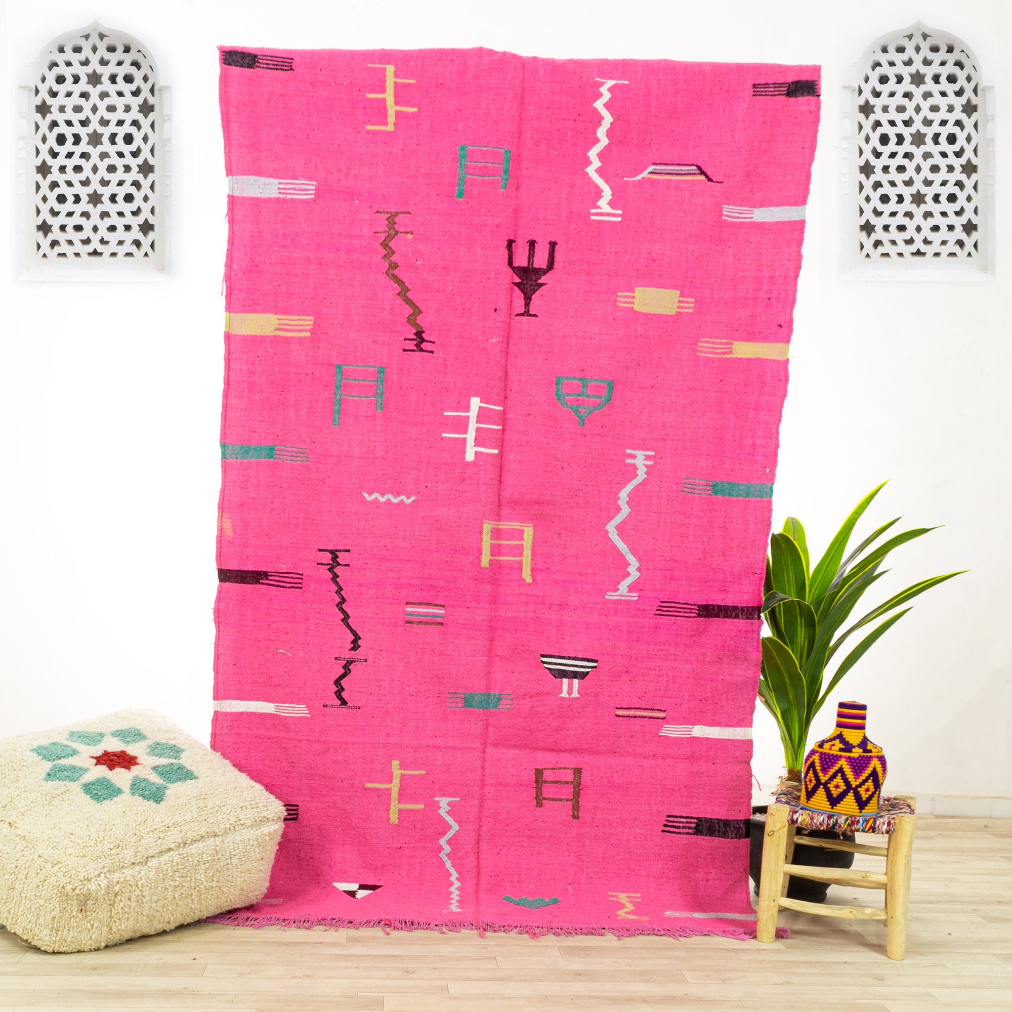 Tapis Contemporain Medium - Tapis Marocain Zone Oued Zem Fait Main Rose 4.6x7.5 Laine