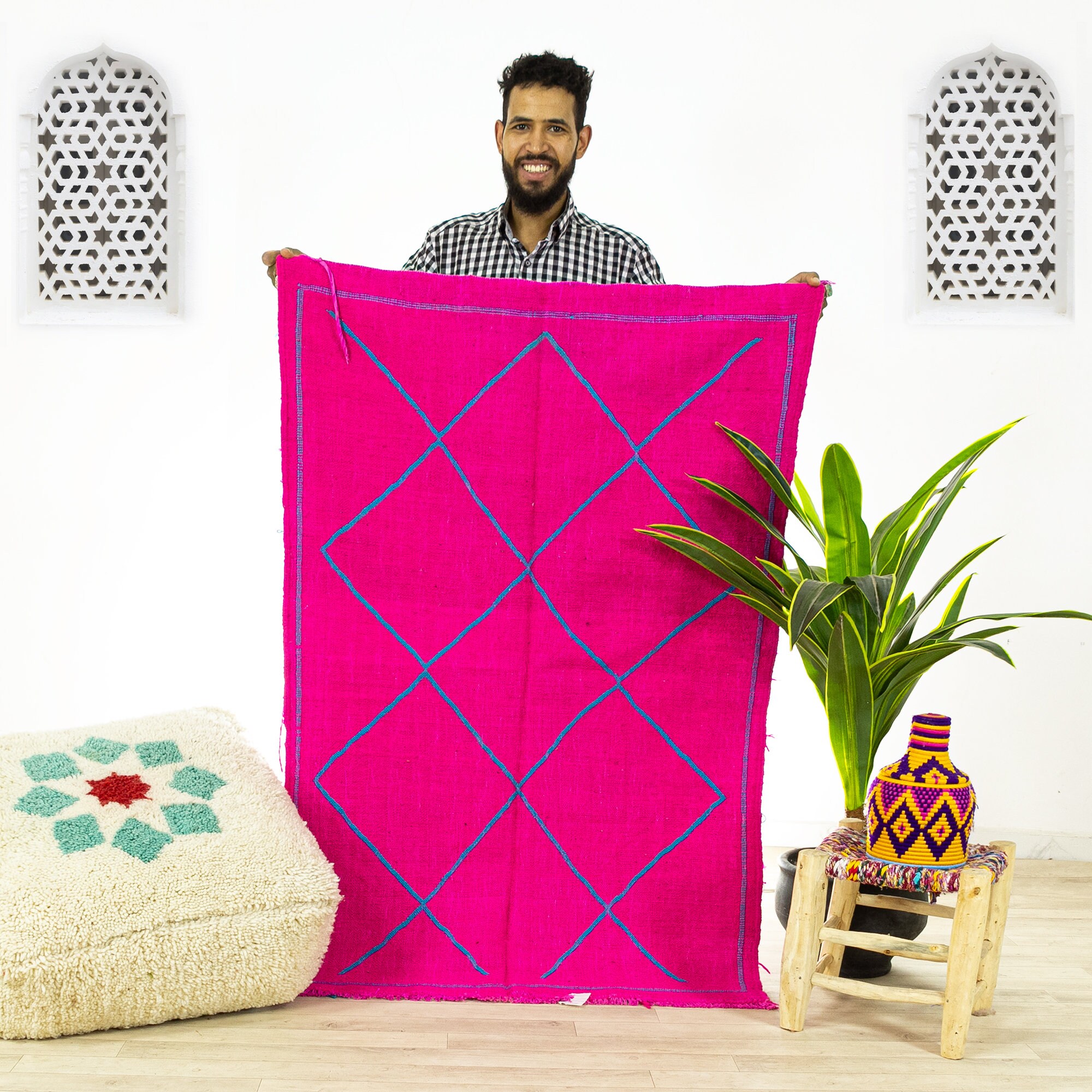 Petit Tapis Contemporain - Tapis Marocain de Zone Oued Zem Fait à La Main Rose 3.2x4.6 Kilim