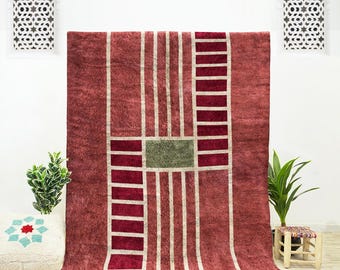 Handmade Red Wool Moroccan Rug, Abstract Geometric Carpet