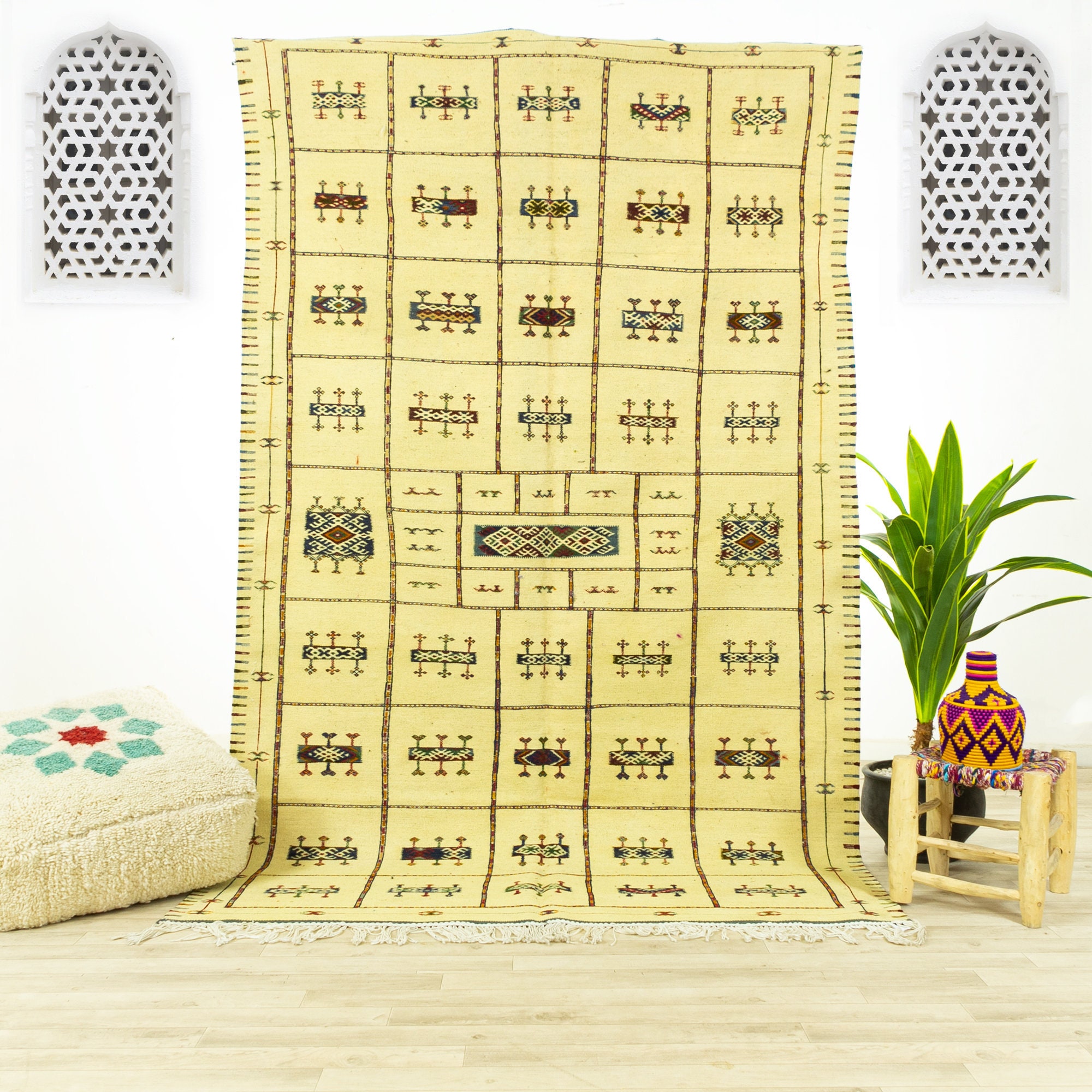 Tapis Vintage Medium - Tapis Marocain Tapis de Zone Fait à La Main Ivoire 5.3x8.7 Authentique Kilim 