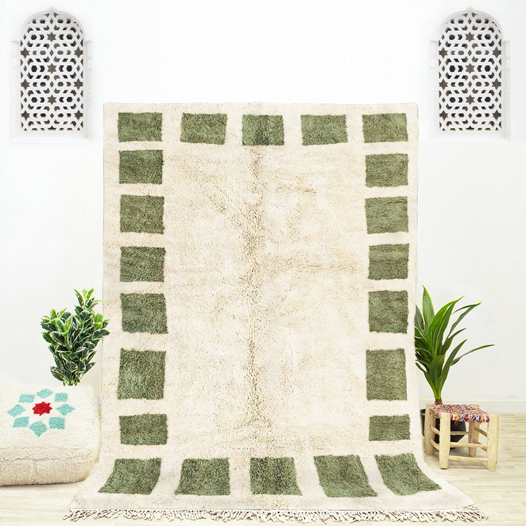 White and Green Checkered Custom Moroccan Rug Offwhite Moroccan Rug