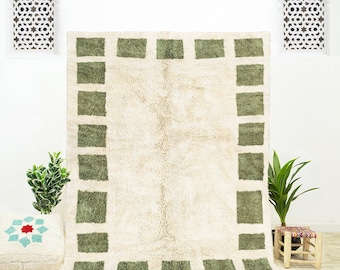 Green Checkered Beni Ourain rug, Handwoven Wool Moroccan Rug