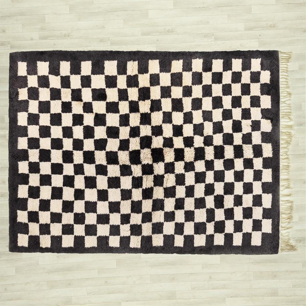 手織りモロッコラグ、白黒チェック柄カーペット、カスタムサイズ