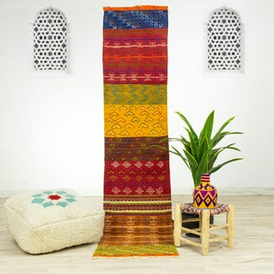 Colorful Moroccan Runner Rug: Handwoven Kilim Floor Rug