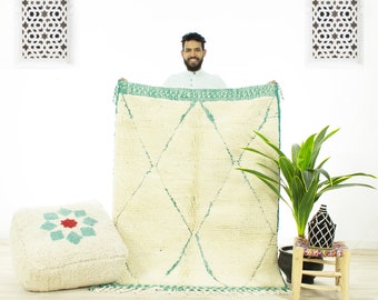 Custom Moroccan Rug: Handwoven Beni Ourain Rug, Off-White & Green