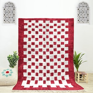 Red checkered rug, Checkerboard rug, A Red area Moroccan Berber wool rug, checkered rug for living room / Bedroom image 1