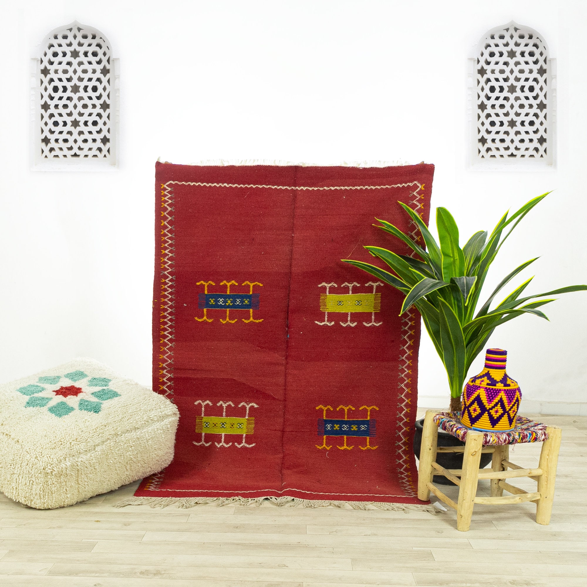 Petit Tapis Vintage - Tapis Marocain de Zone Fait à La Main Rouge 3.5x4.9 Authentique Kilim Marocain