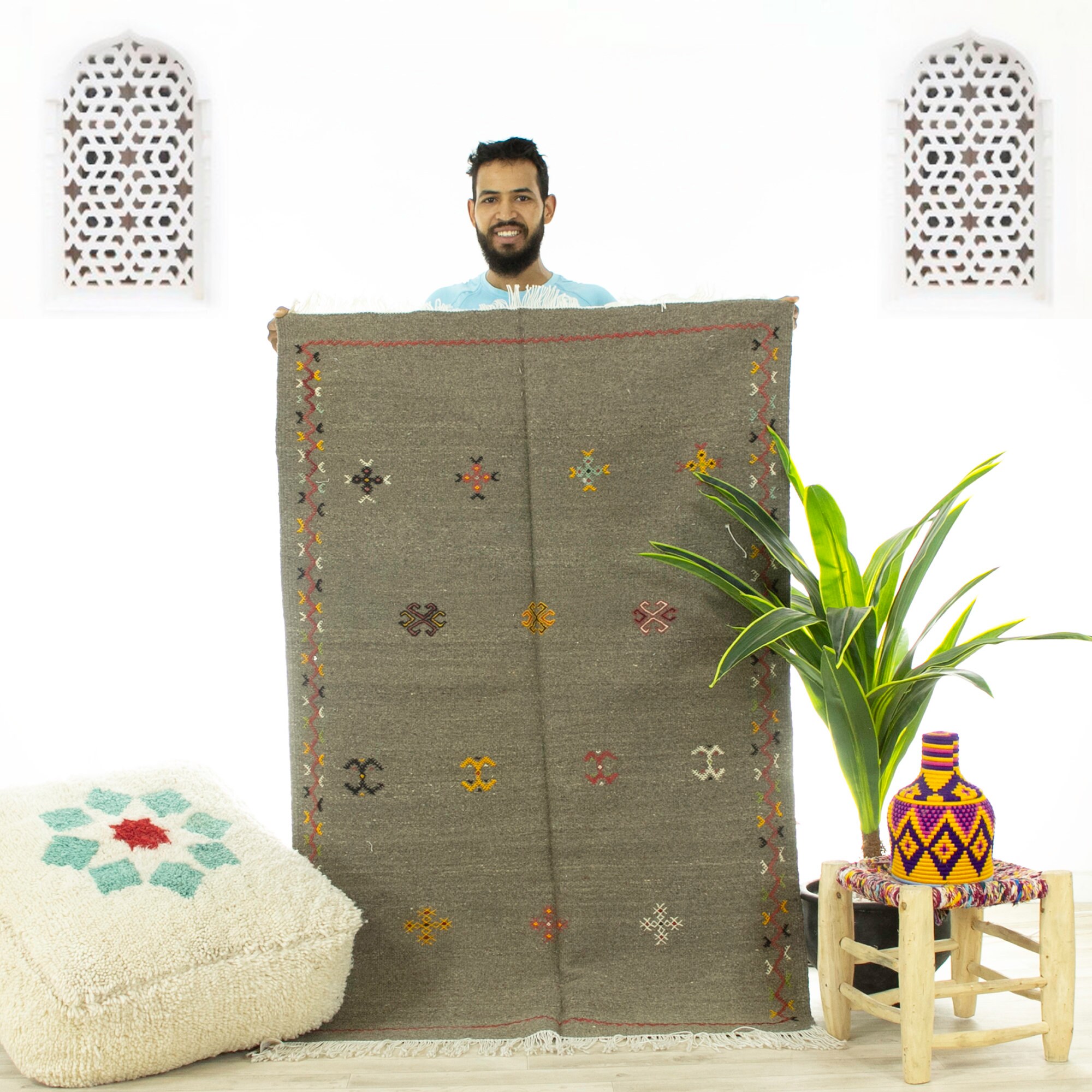 Petit Tapis Vintage - Tapis Marocain de Zone Fait à La Main Gris 3.3x4.9 Authentique Kilim Marocain