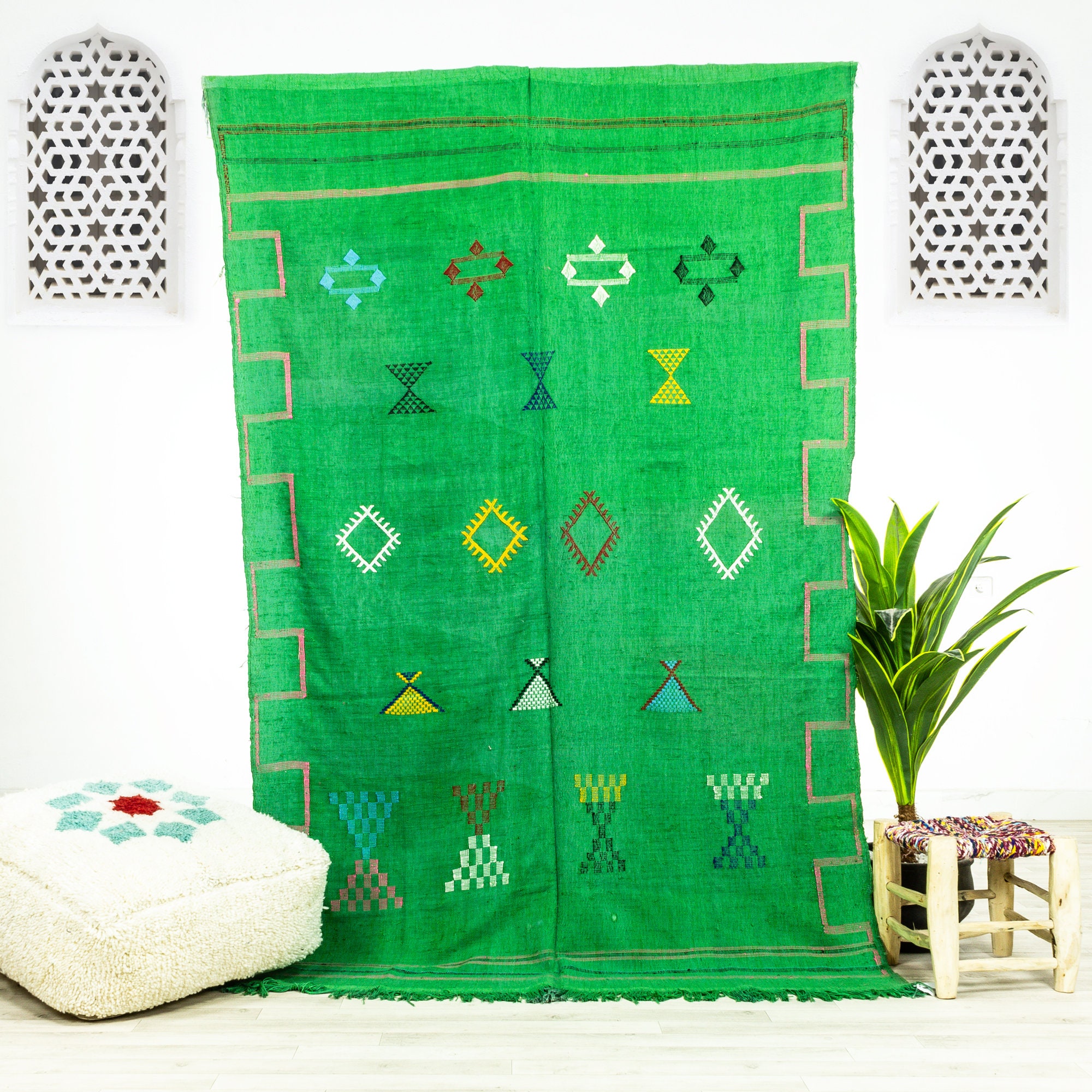 Tapis Vintage Medium - Tapis Marocain Tapis de Zone Oued Zem Fait à La Main Vert 4.8x7.4 en Laine Ti