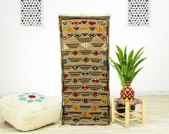 Brown Moroccan Kilim Rug: Geometric Wool Flatweave Rug