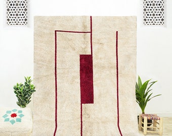 Handgefertigter Roter Abstrakter Teppich: Moderner Marokkanischer Mid Century Shag