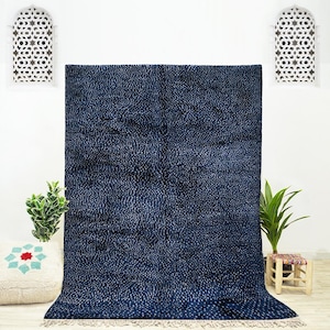 Navy Polka Dot Rug, Geometric Moroccan Rug, Blue Wool Carpet, Handwoven Neutral Rug, Plush Berber Shag Rug, 9x12 Navy Area Rug