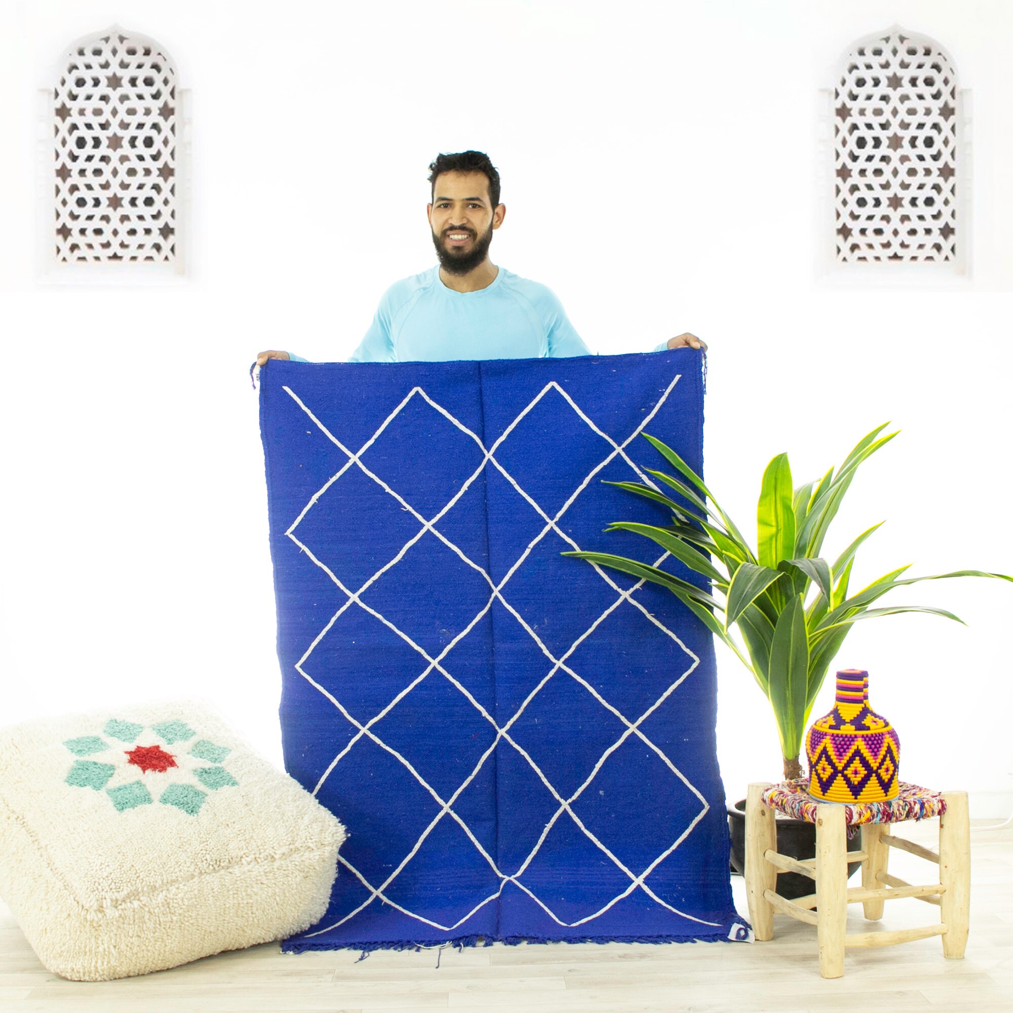 Petit Tapis Contemporain - Tapis Marocain Zone Oued Zem Fait à La Main Bleu 3.3x4.6 Kilim